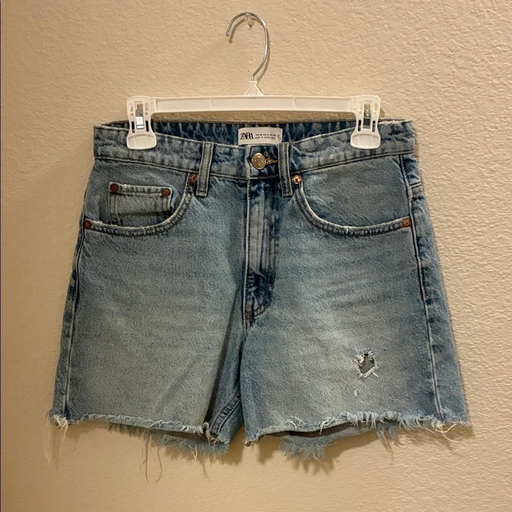 Zara Light Blue Distressed Jean Shorts - Picture 2 of 4